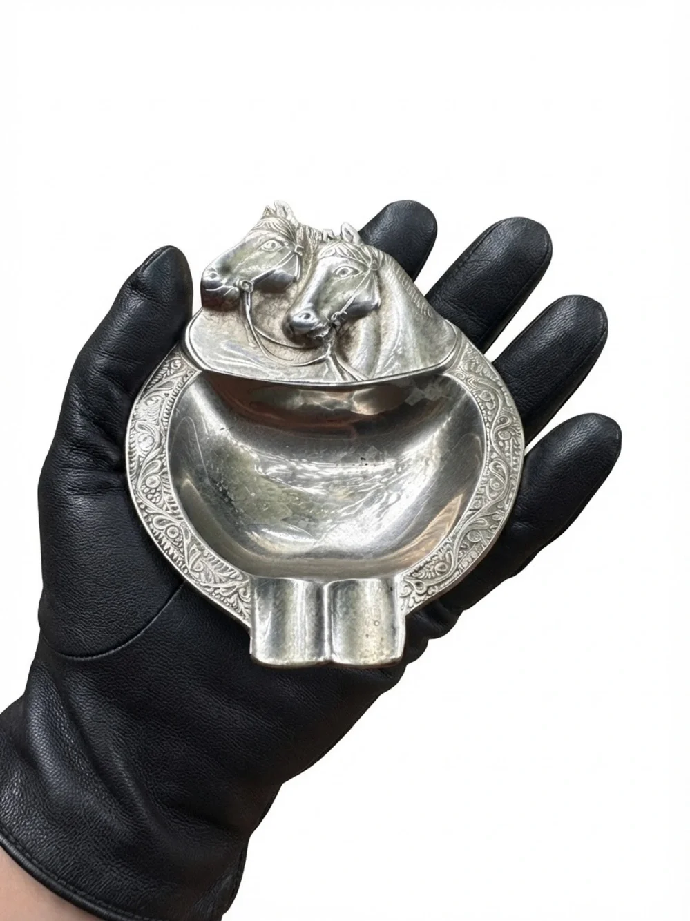 Vtg German Silver Equestrian Double Horse Head Trinket Tray Ashtray